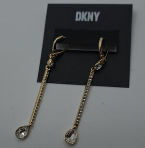 DKNY Gold Tone Clear Crystal Teardrop Dangle Drop Earrings Leverback